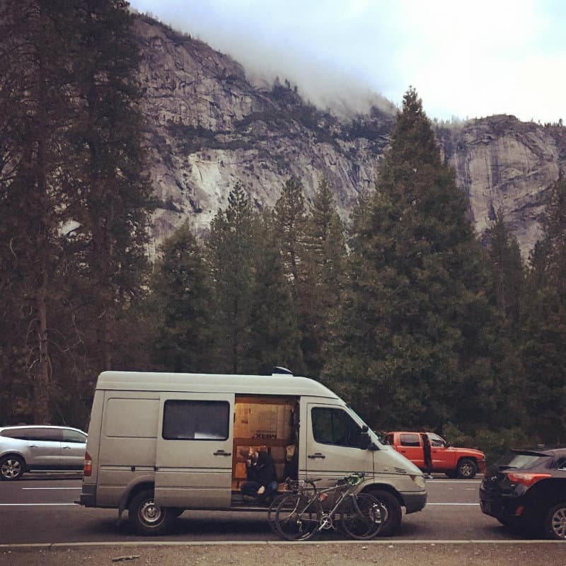 van by mountains