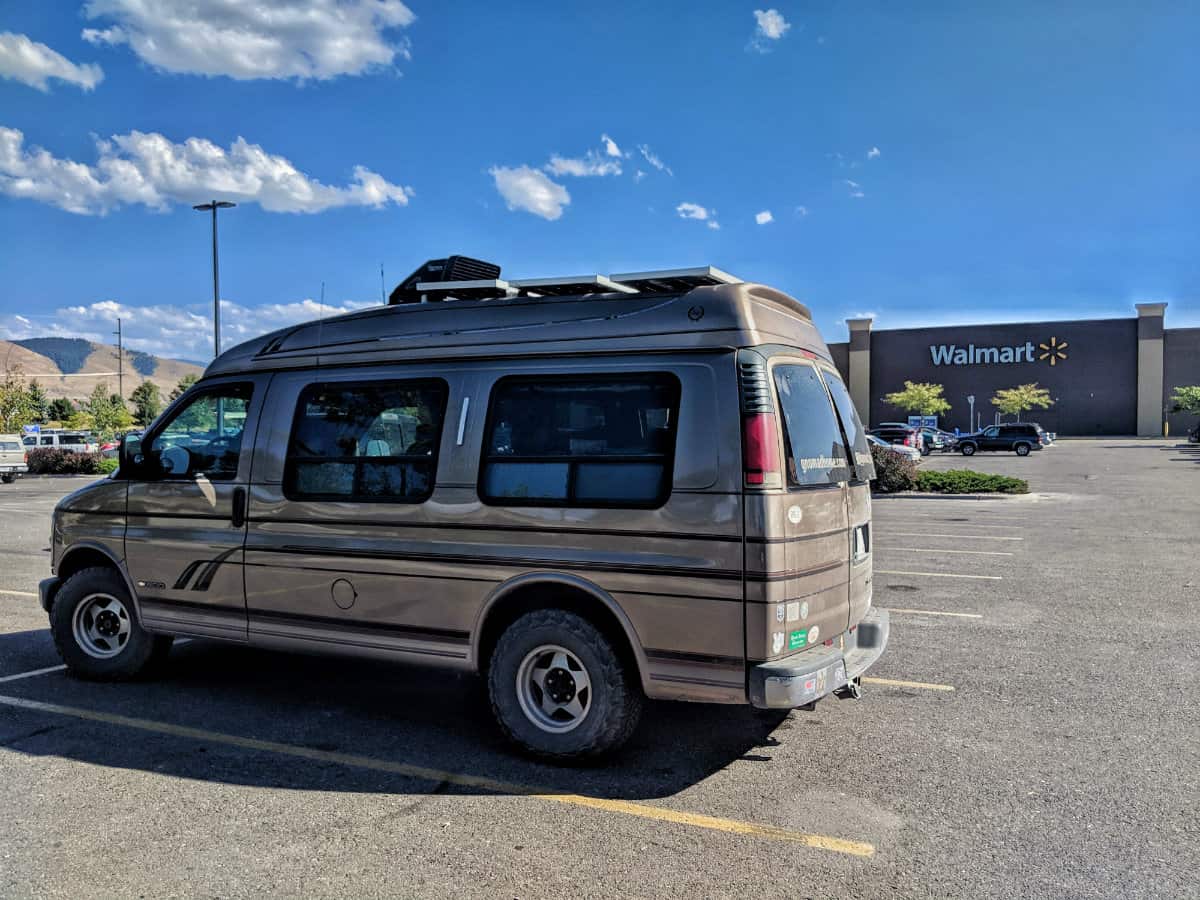 Van parked at Walmart, which is an awesome place to sleep in your car