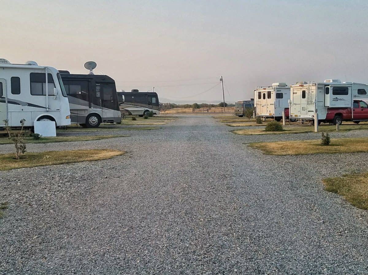 Vehicles lined up at an RV park