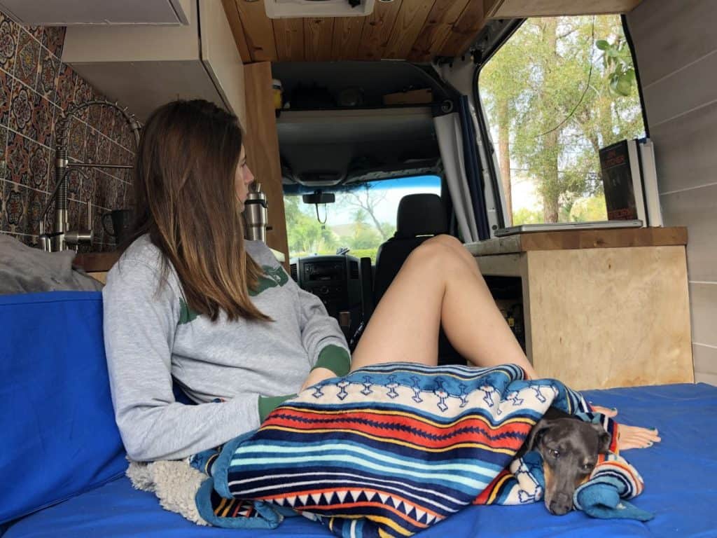 Girl sits on her bed looking out at nature outside of their door. Her dachshund lies under a blanket next to her.