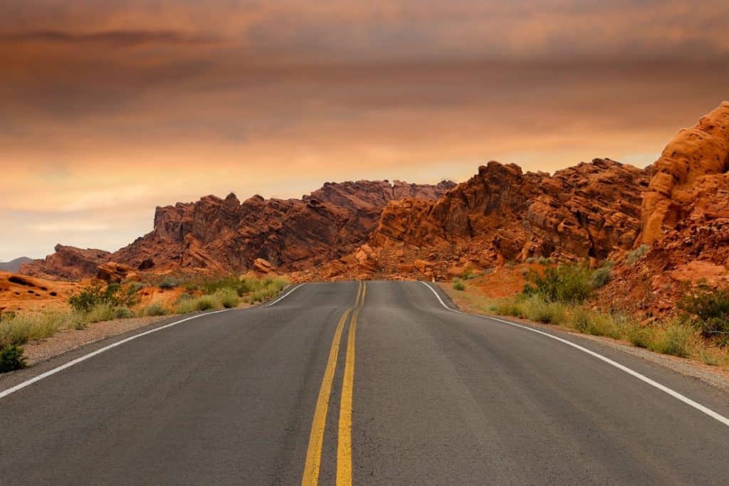 A road through red rock formations in Nevada