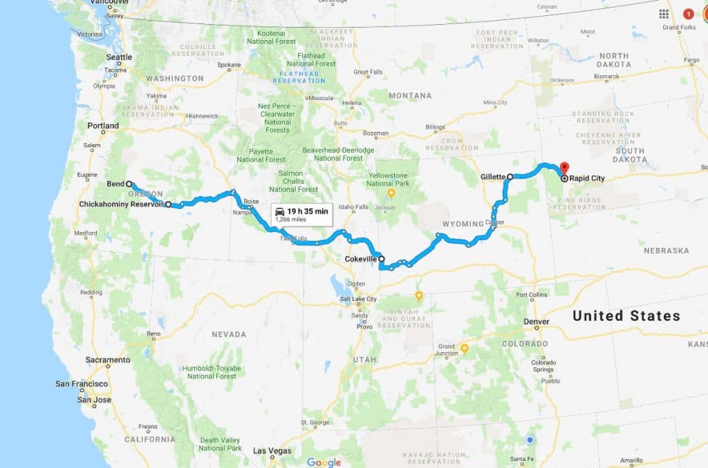 Map view of a driving route from Bend, OR to Rapid City, SD