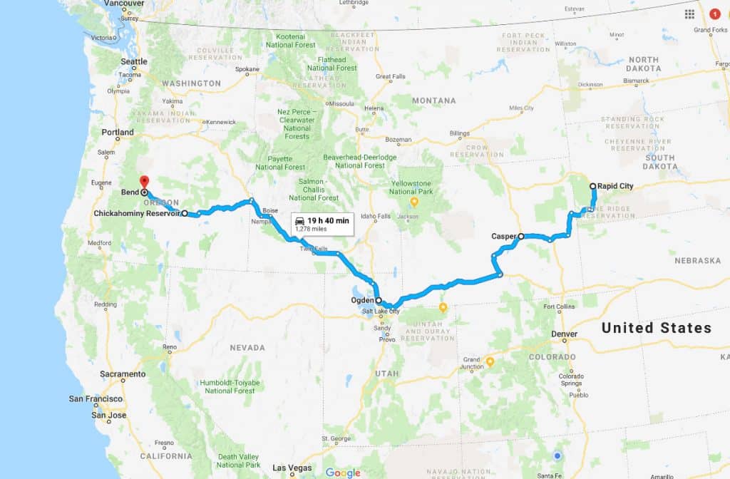 Map view of a driving route from Rapid City, SD to Bend, OR