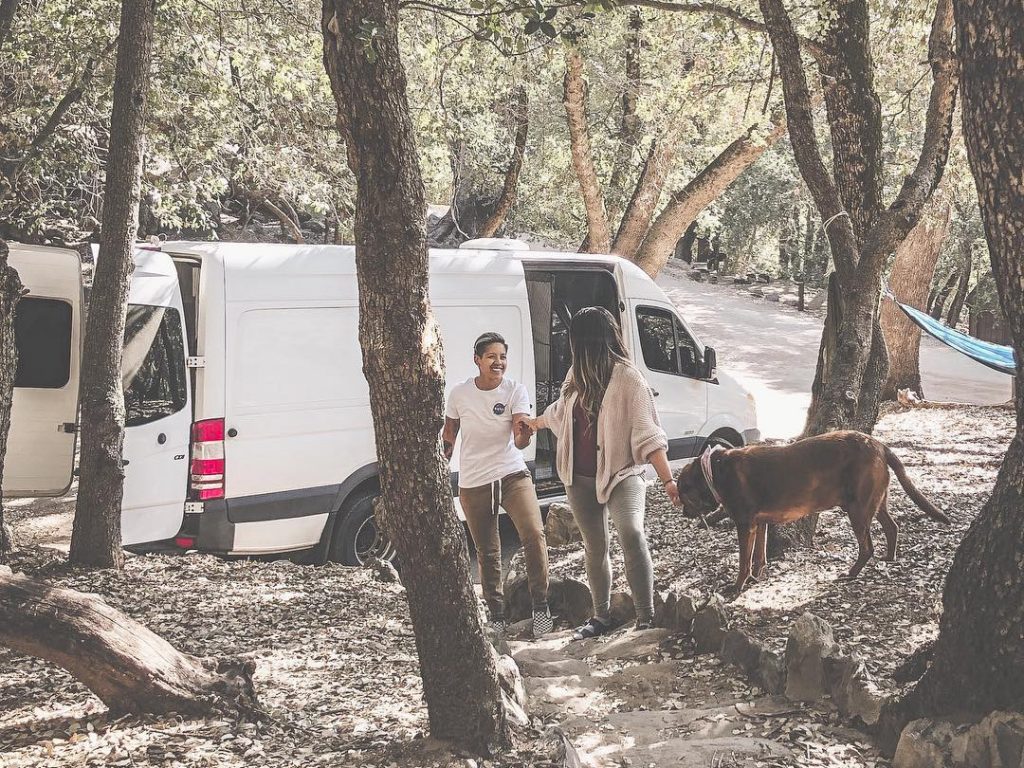 Two women with dog and campervan  in the woods