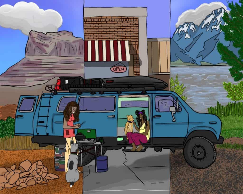 Cartoon drawing of two women hanging around their campervan. The background shows a desert scene transitioning into a city transitioning into a mountain lake
