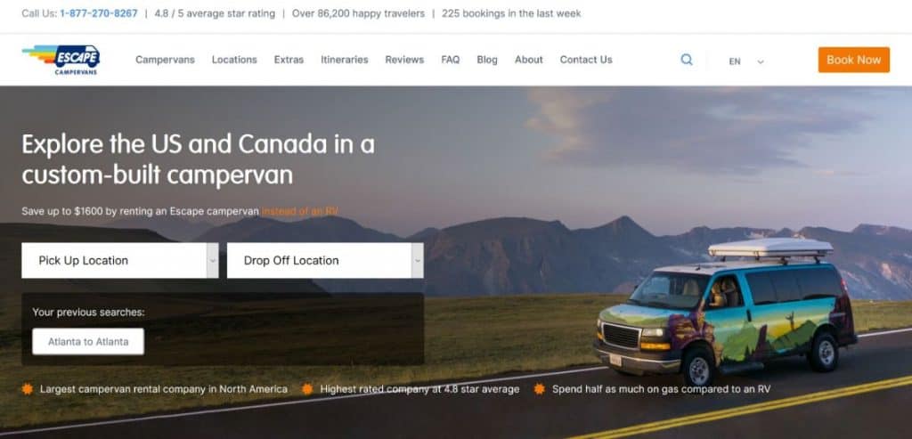 Screen capture of Escape Campervans website