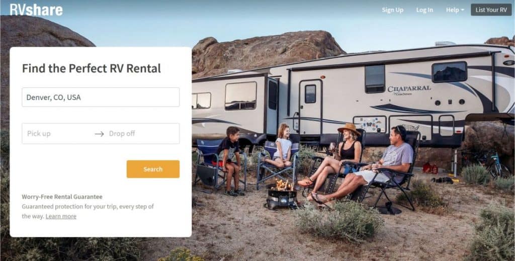 Screen capture of RVShare website