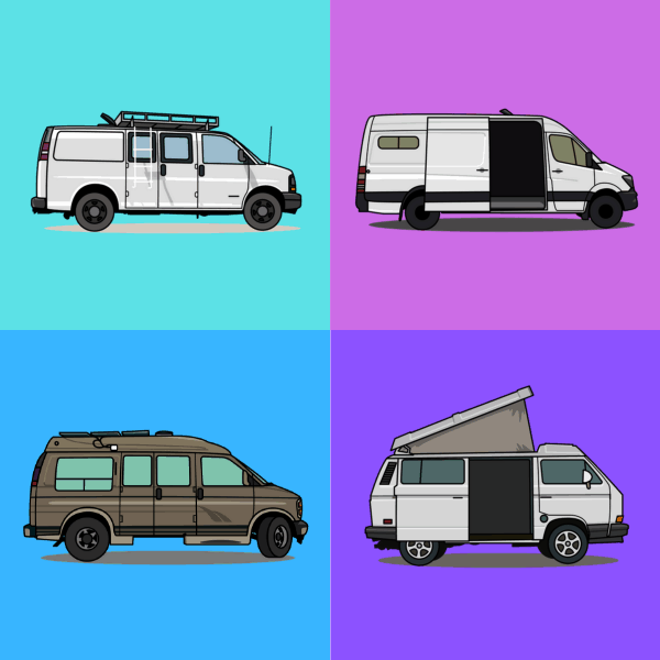 Vanlife campervans on a colorful background