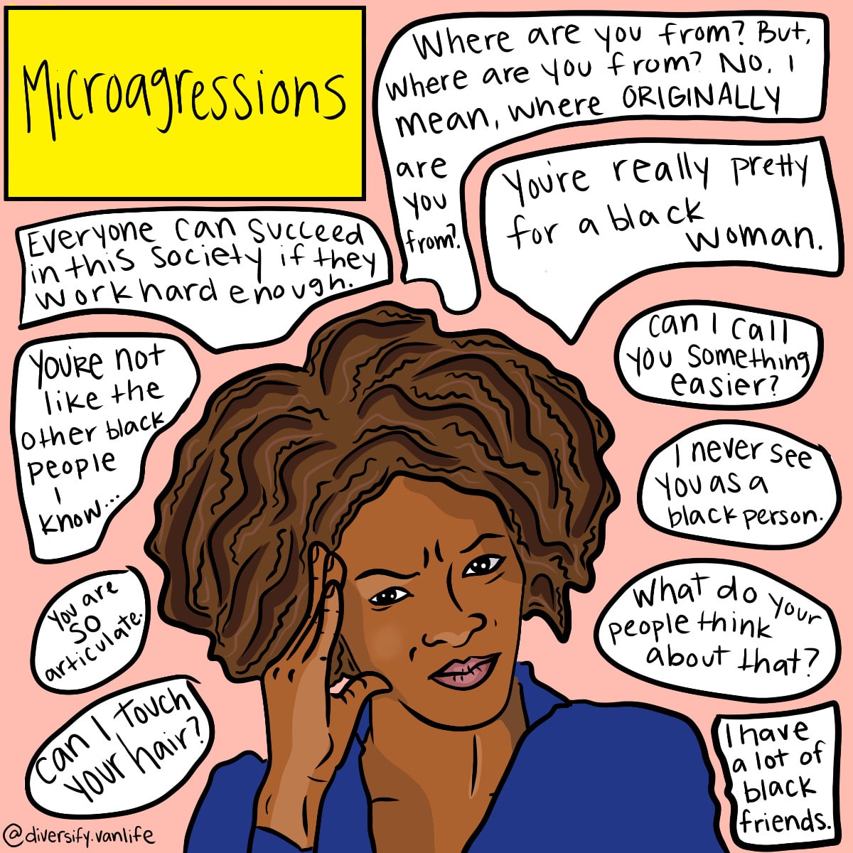 Comic depicting some of the microagressions that people of color are exposed to on a daily basis