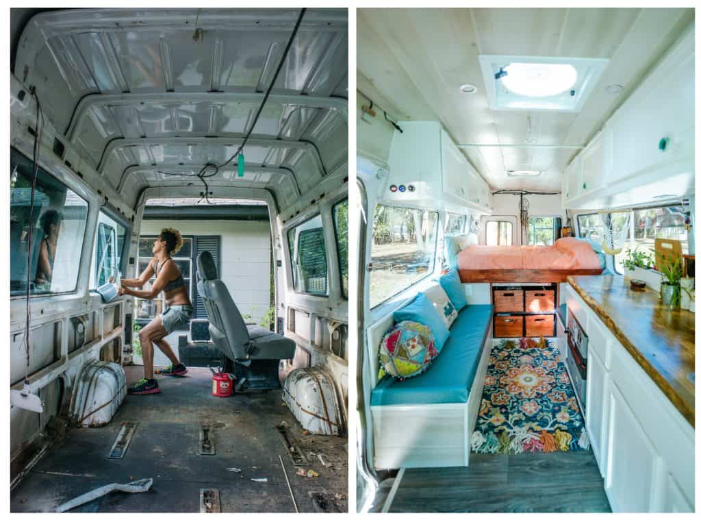 A before and after shot of the van being gutted and then a photo of the van complete.