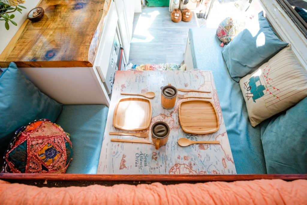 An aerial shot of where they eat in their van.