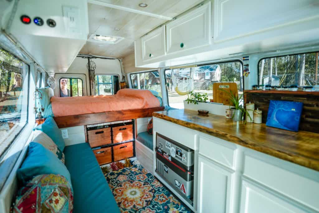 An interior shot of the van through the side door.