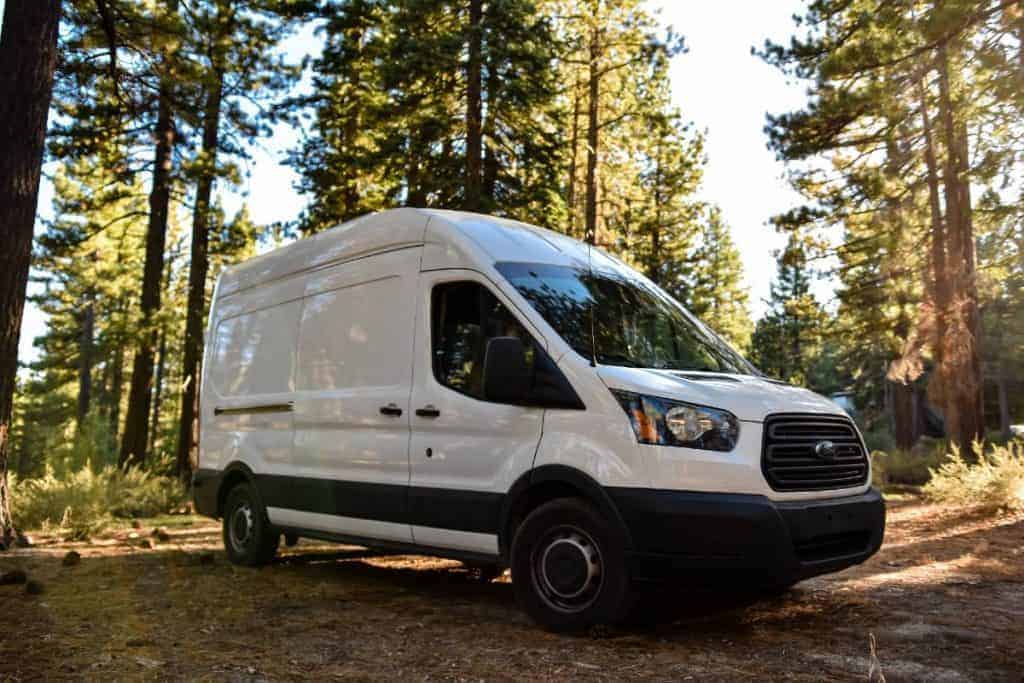 Exterior shot of the Ford Transit in the forest.