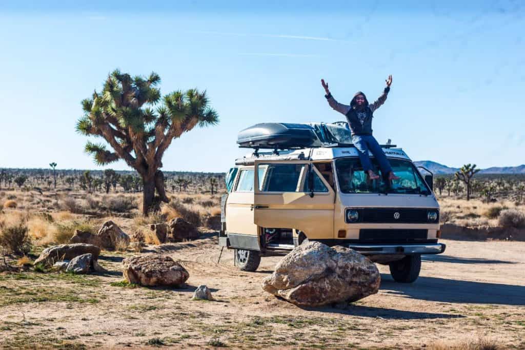 Dustin looks excited on the roof of the van.