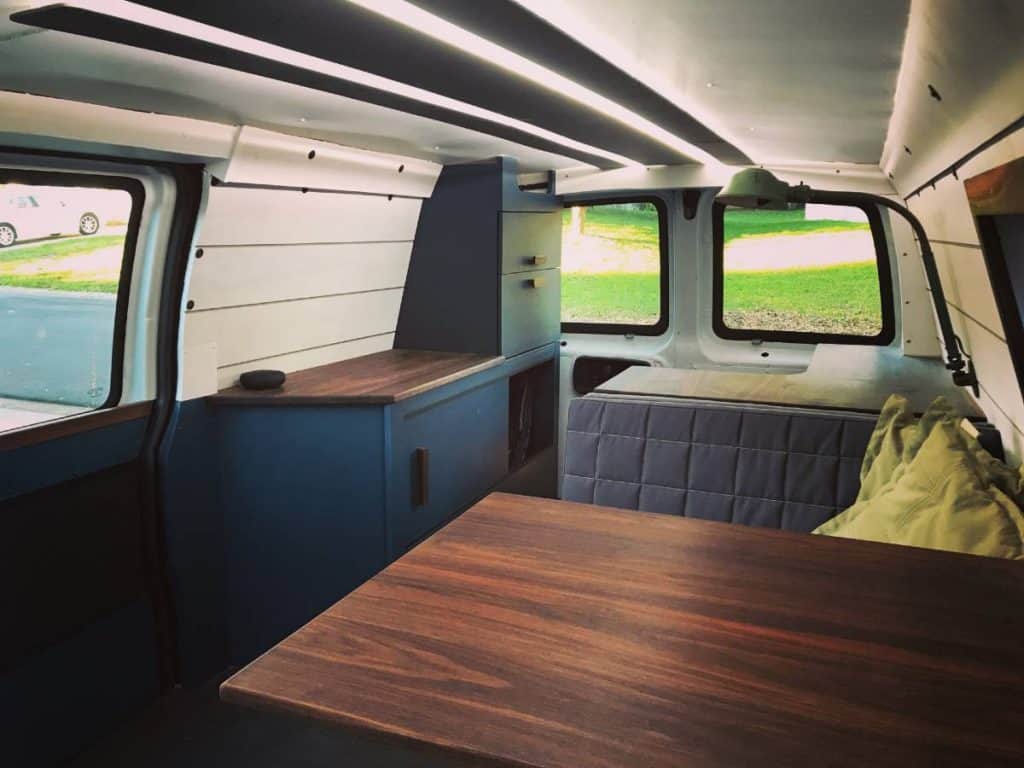 An interior shot of the van after it's been built out