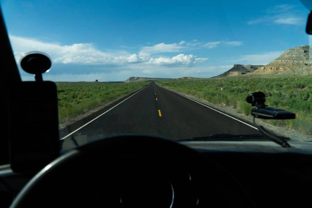 A view out the windshield on the road. We do not recommend taking photos while driving.