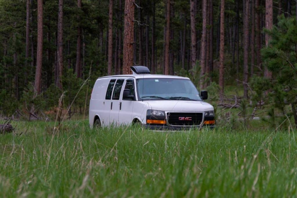 The van is parked among tall grasses and tall trees.