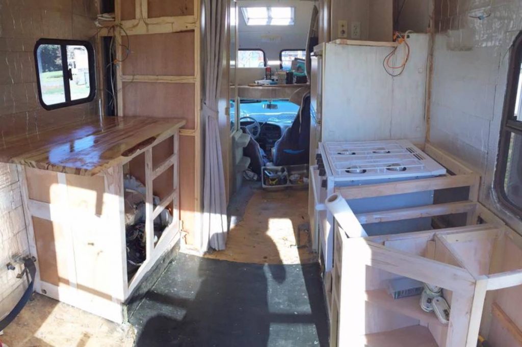 Interior of Toyota RV during gutting process