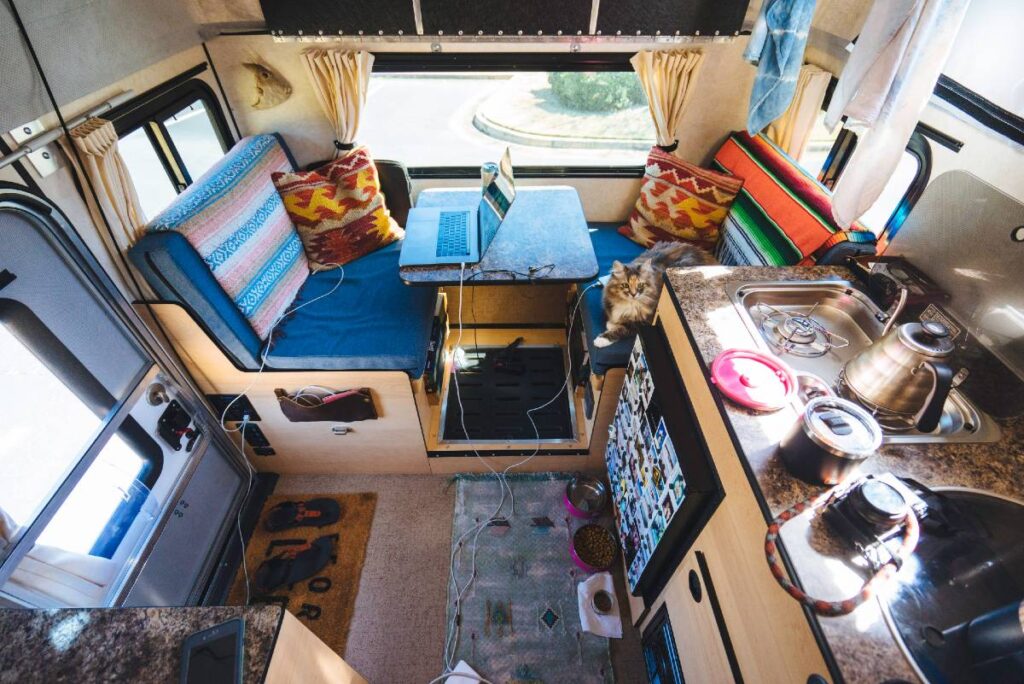 Dinette area workspace of truck camper