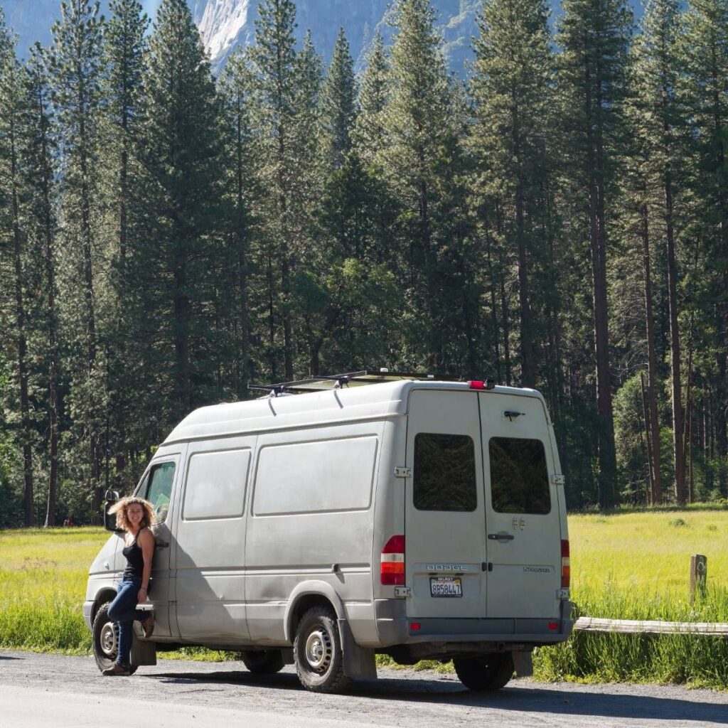 Sprinter van parked among big trees