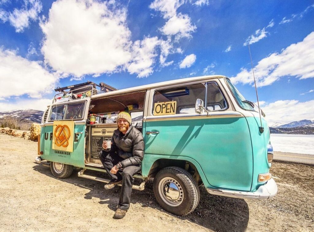 Carabiner coffee selling coffee out of an old Volkswagen van