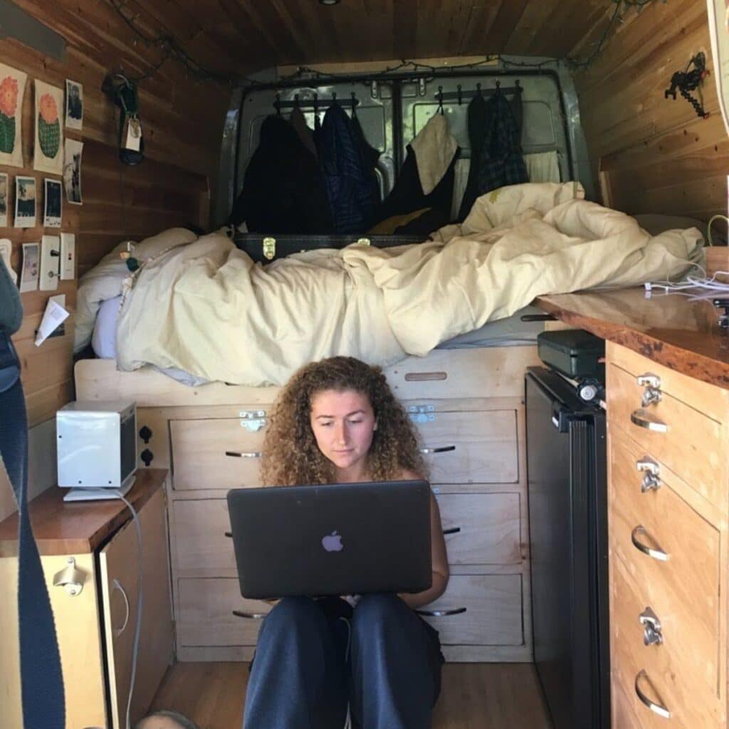 Working on a computer in a van