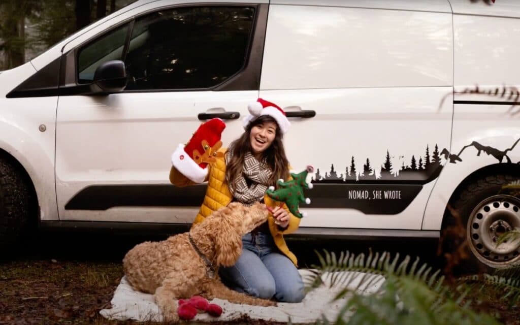 @nomadshewrote Woman with her dog sitting next to a ford transit connect camper van