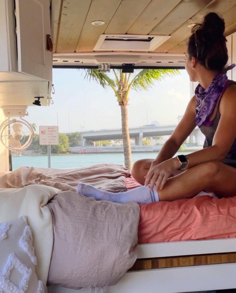 @carrielynnconrad Woman watching the beach from her camper van