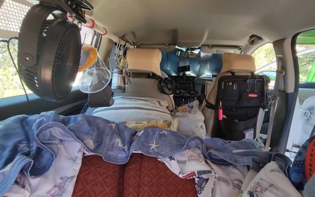 Inside Clara's suv converted to camper