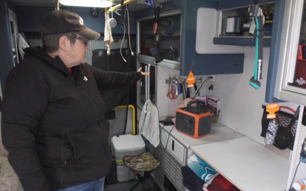 @nanbulance Woman giving a tour of her retired ambulance service vehicle that she lives in