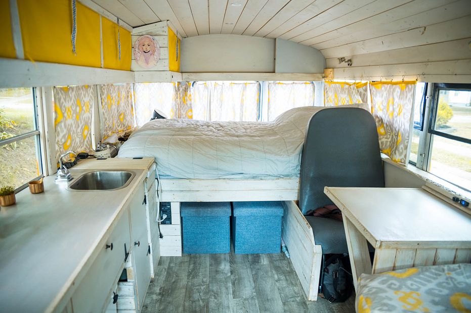 @freshairvlog  Interior of a short bus converted to camper