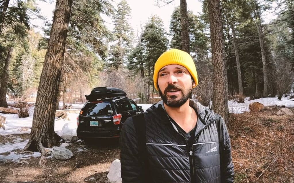 @scottapants Scott in the middle of a forest camping with his SUV camper, forester conversion