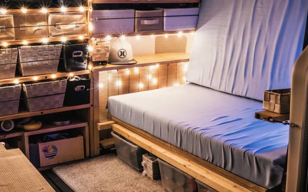 @whatsup.onearth Interior of a grand caravan minivan camper conversion with a convertible sofa bed