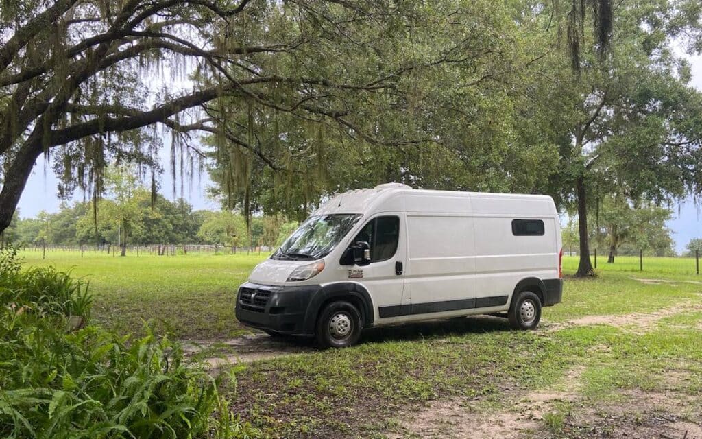 White RAM promaster van parked under a tree