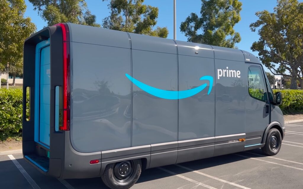 @DougDeMuro Rivian electric Amazon delivery van parked in a parking lot