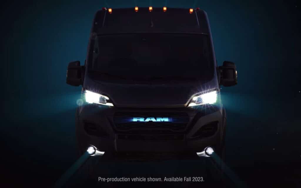 @RamTrucks 3D CGI animation of Ram Promaster electric van, front view with black background