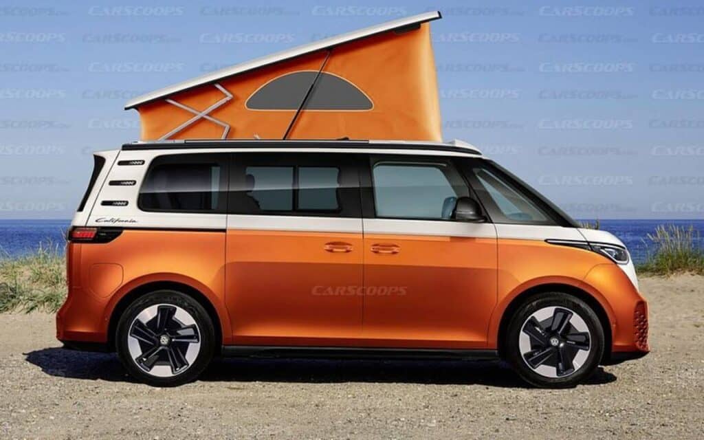 @vwbustagram Orange electric campervan parked on the beach