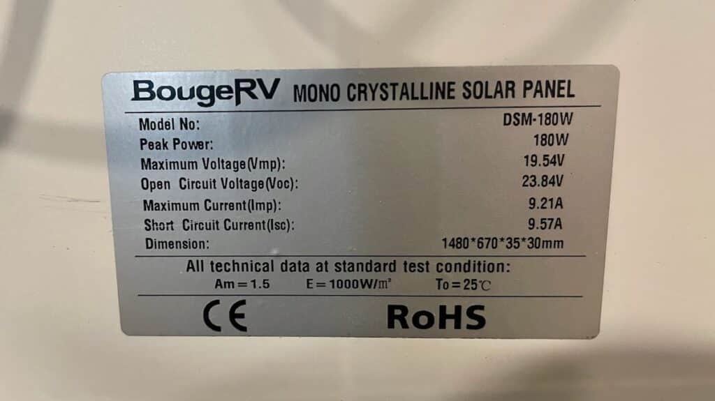 the electrical specifications label on the back of a solar panel