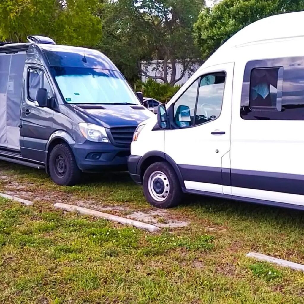 @steveandaudra Two campervans parked next to each other, Vanlifers meet up on the road