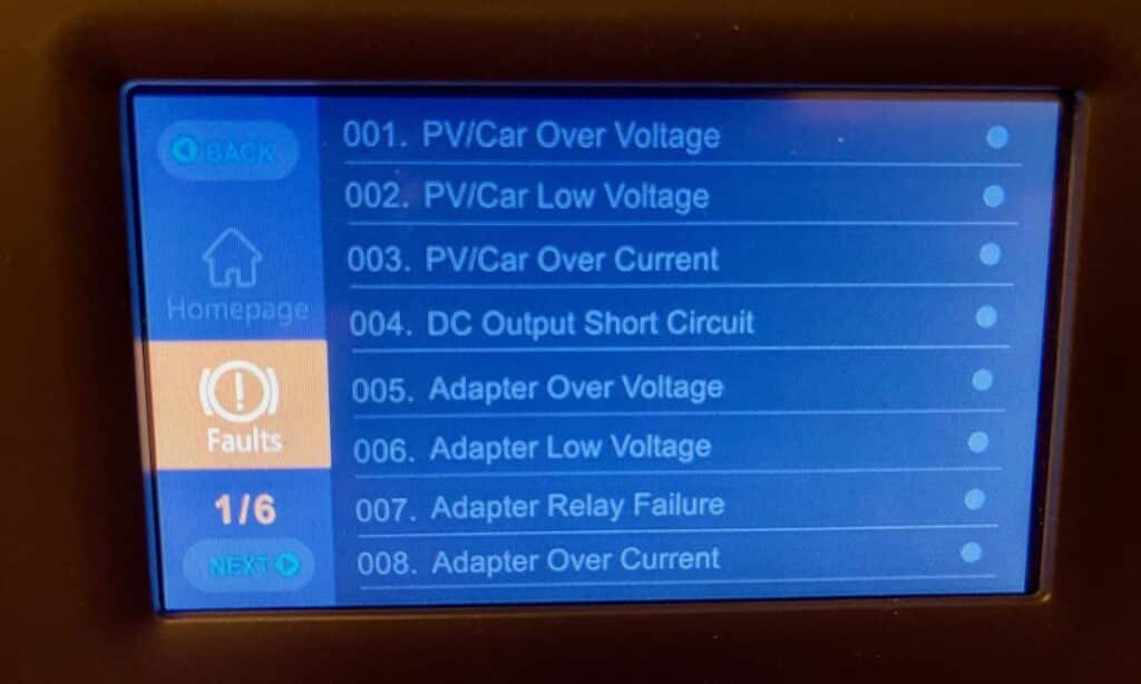 Close up of the touchscreen on the Bluetti AC200P showing the fault menu