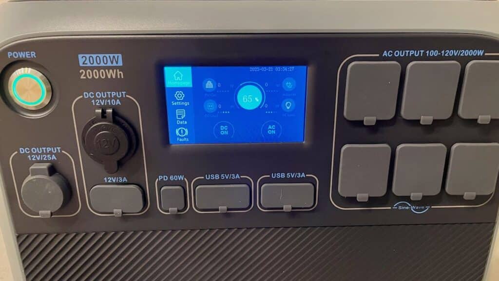 Close up of the AC and DC output ports on the Bluetti AC200P solar generator