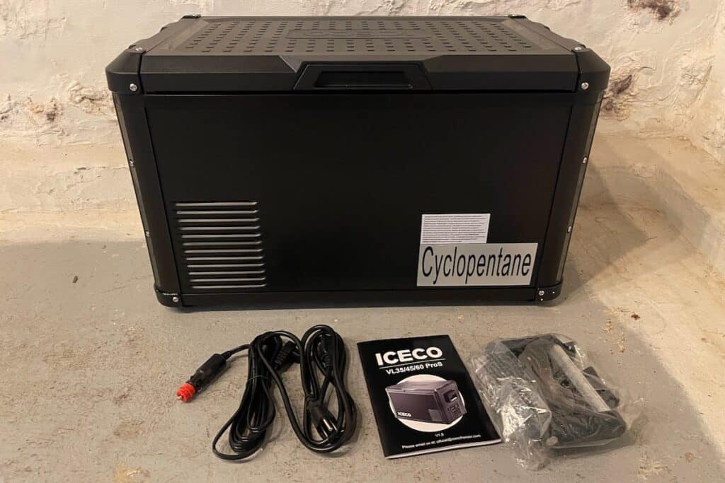 iceco vl35 pros refrigerator with all the accessories including manual, power cords, and spare parts